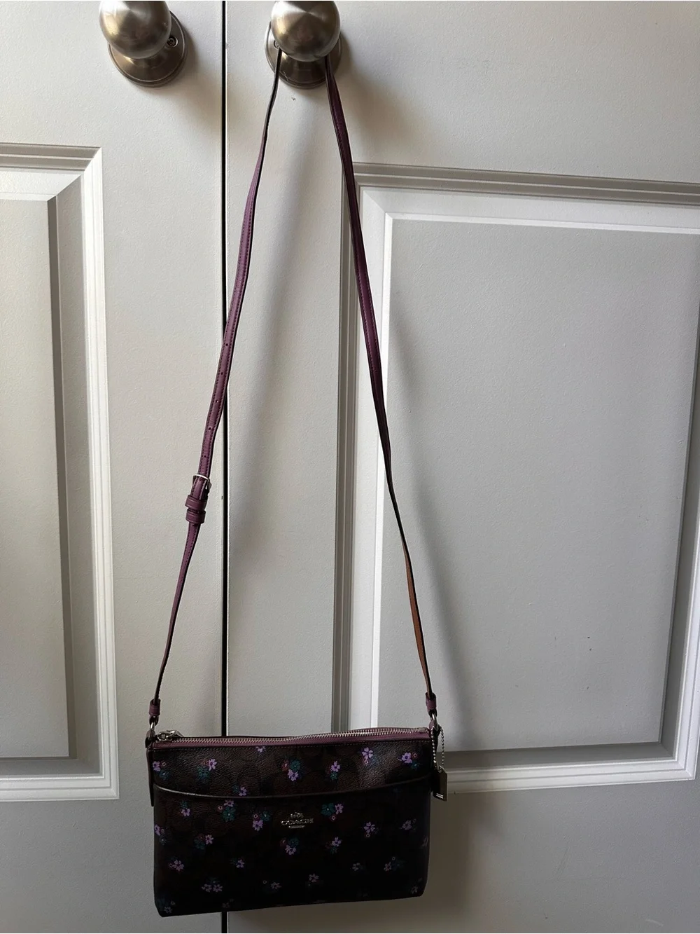 Coach Brown Signature Crossbody with Purple Floral Accents